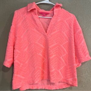 Lilly Pulitzer Coral/Pink Textured Pullover Top Sz M Crop Length Beachy EUC
